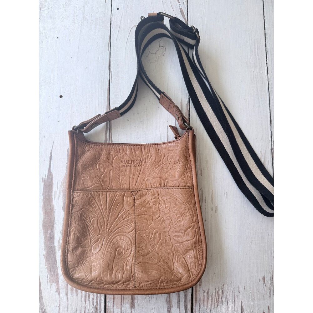 American Leather Co Tan Embossed Floral Leather Crossbody Bag Like New